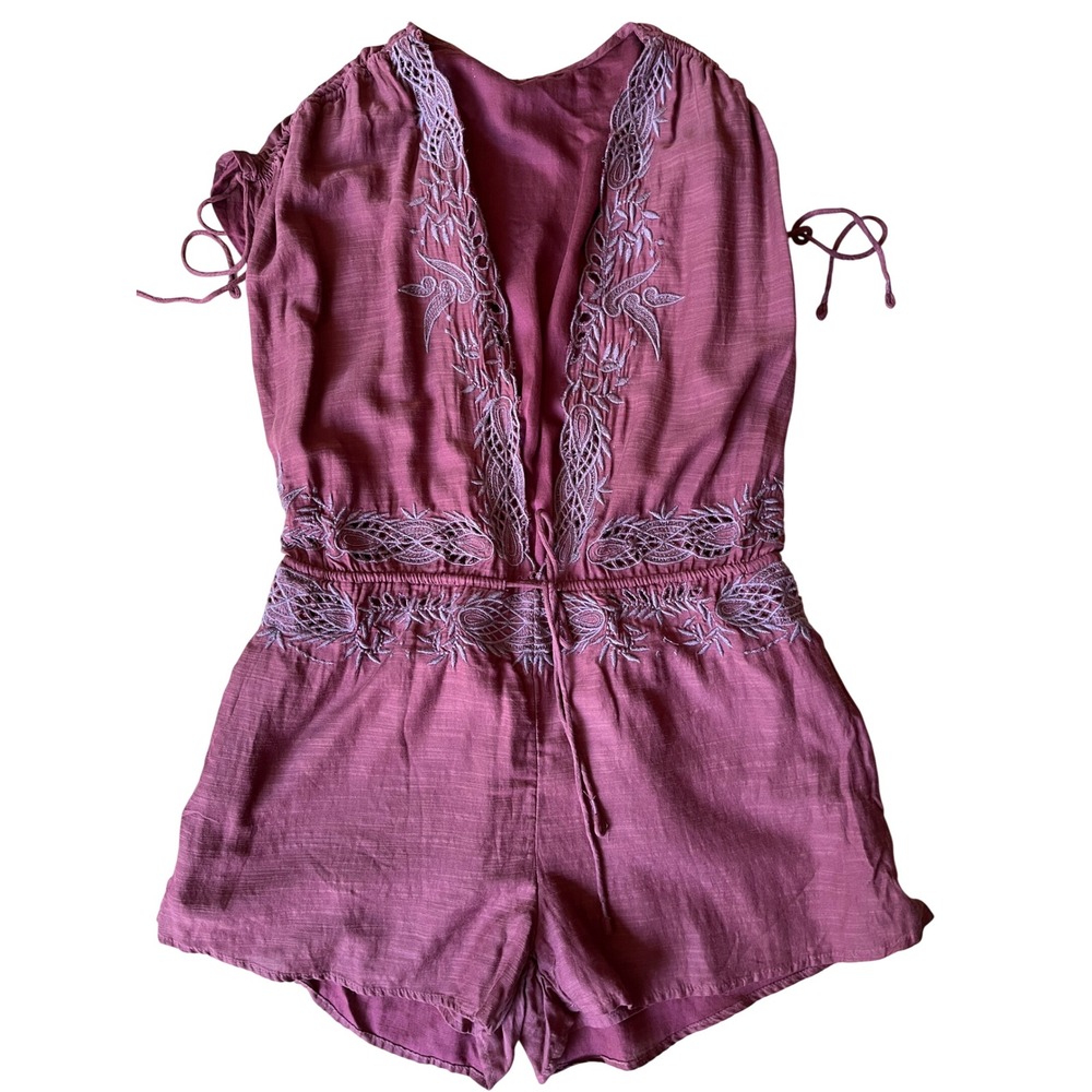 Free People Heatwave Embroidered Romper Plum Wine Boho V-Neck OB1530574 XS TP